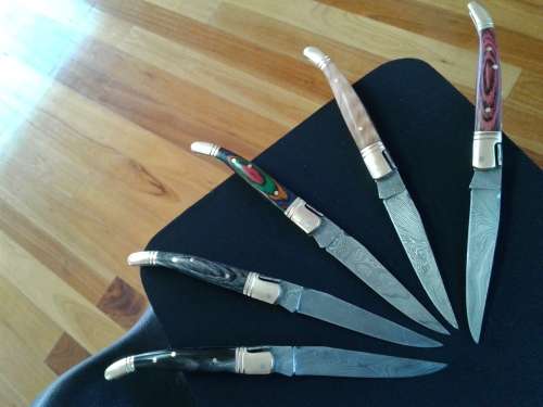 DAMASCUS Hand Made Foldable Laguiole style knives, BID PER KNIFE, 5 Available, Leather incl.